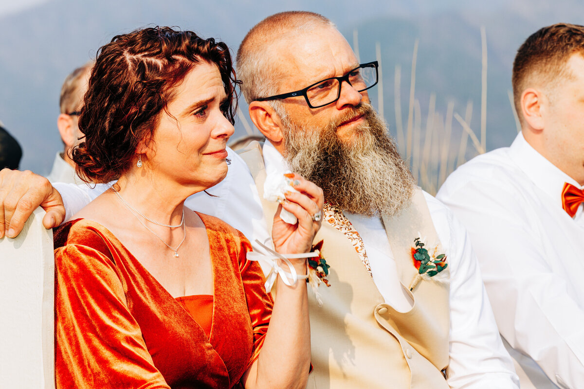 Mother of bride crying during wedding ceremony at Cattle Springs in Arlee, MT