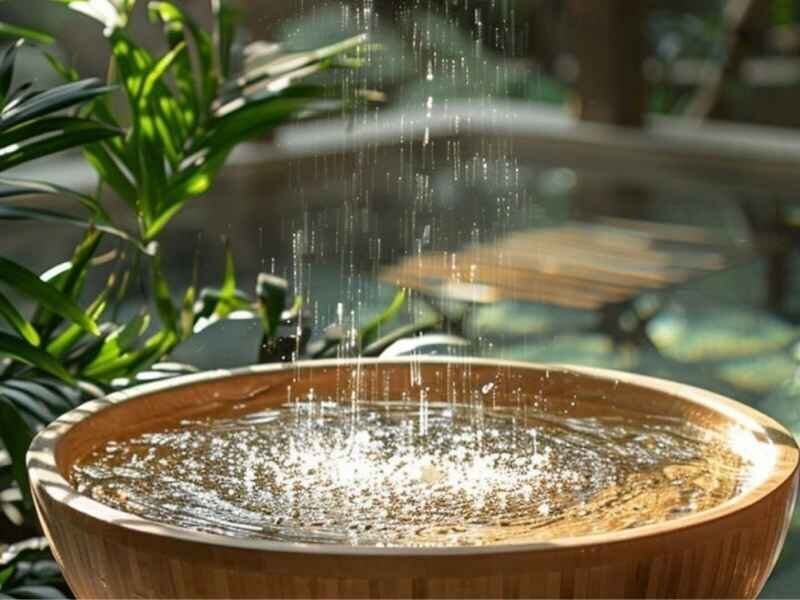 Tranquil water drops falling into a wooden bowel in front of a serene garden-like background
