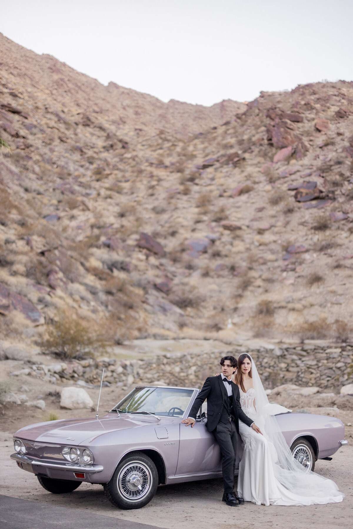 Couple standing together against a mountain landscape, holding hands and framed by sunlight and desert brush.