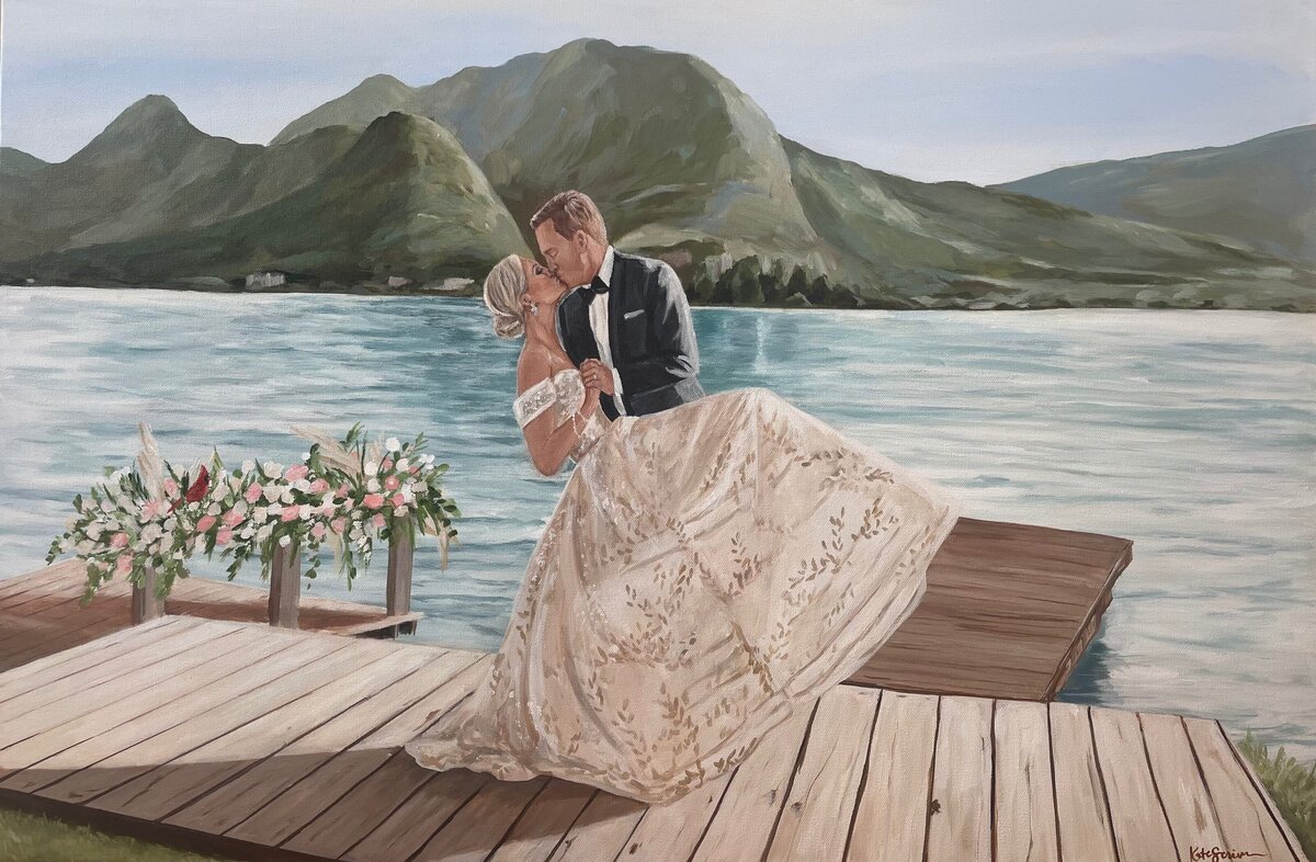 bride and groom kiss with view