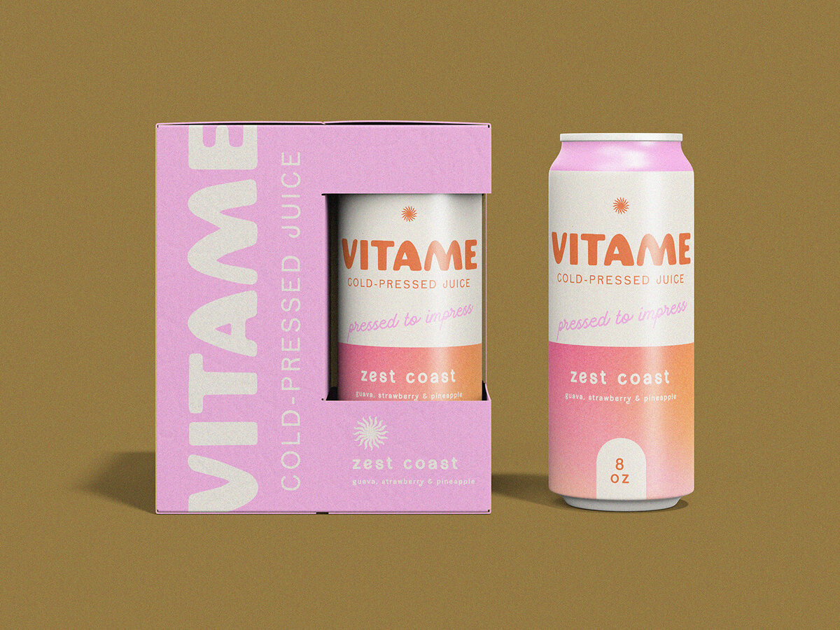 Packaging design for Vitame cold-pressed juice, featuring sleek can designs with a vibrant and bold aesthetic. Designed to reflect the juice’s energetic and fresh vibe.
