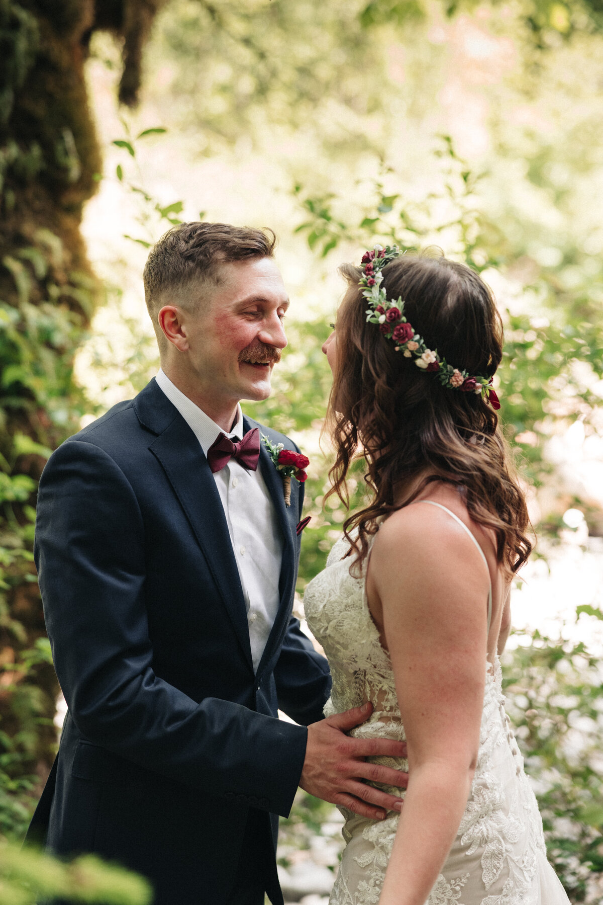 First Look Photography shots in Treehouse Point in Washington Wedding