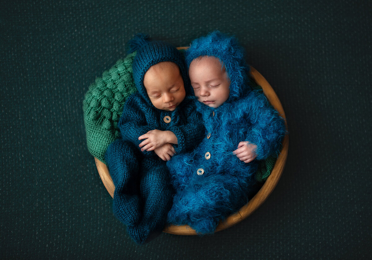 twin newborns in a bowl by st louis newborn photographer
