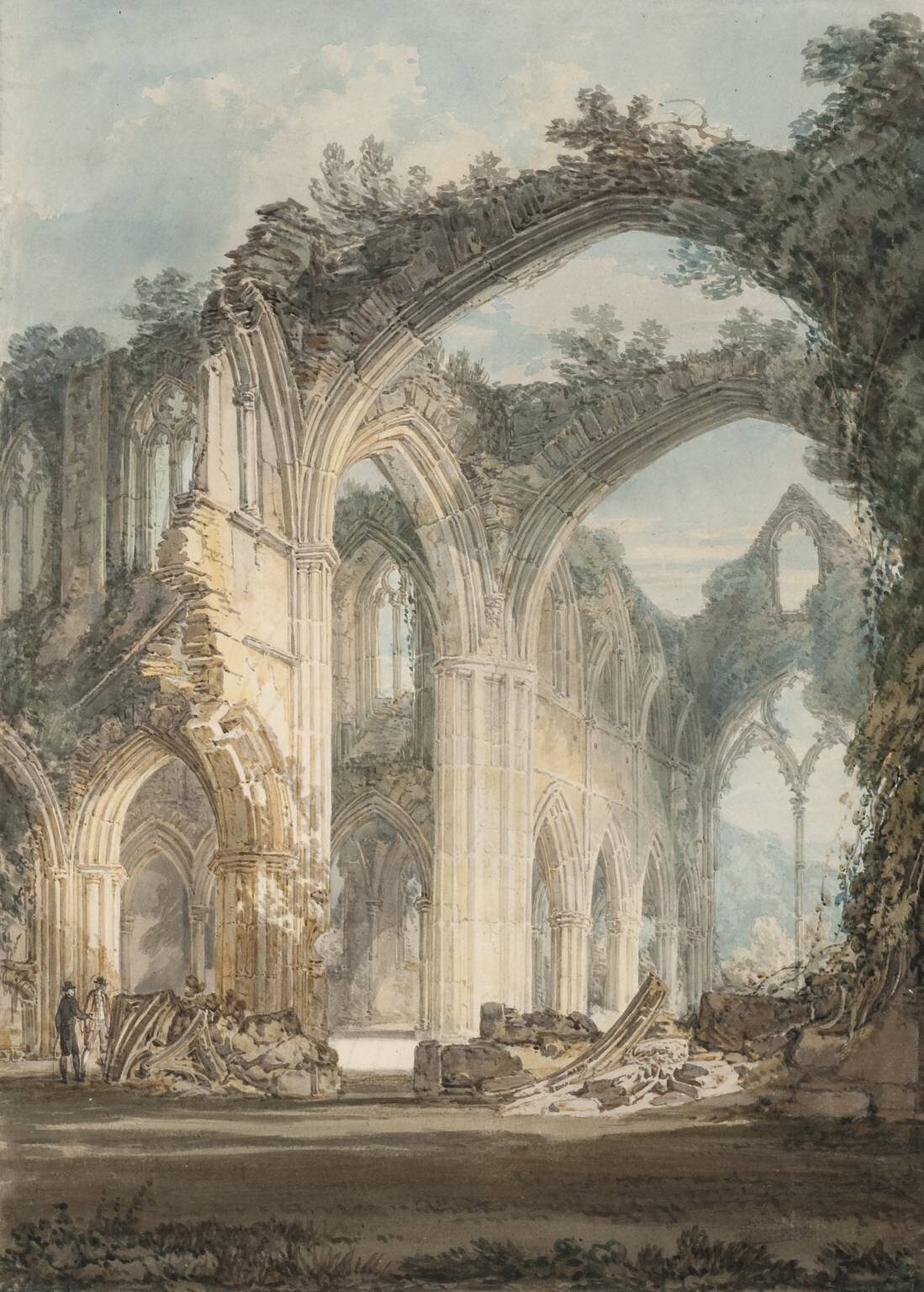 painting by Turner, some majestic stone ruins with big arches, starting the be covered in foliage