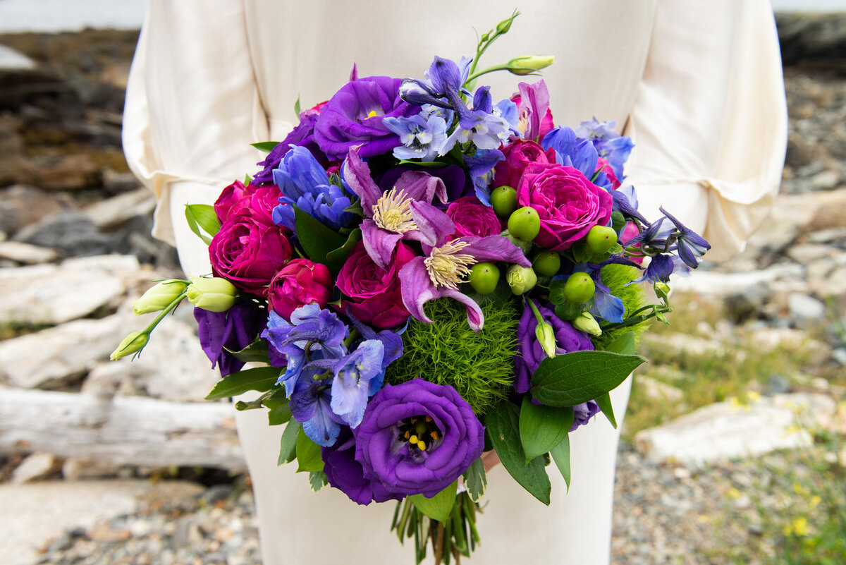 Purple blue and pink bridal bouquet in York Maine