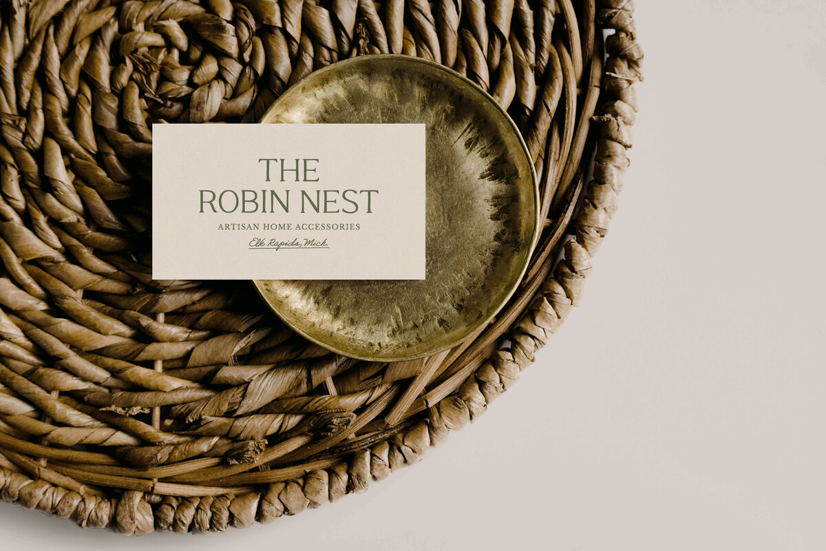 Minimalist business card design for artisan home brand with elegant serif font, neutral tones, and elevated small business aesthetic.