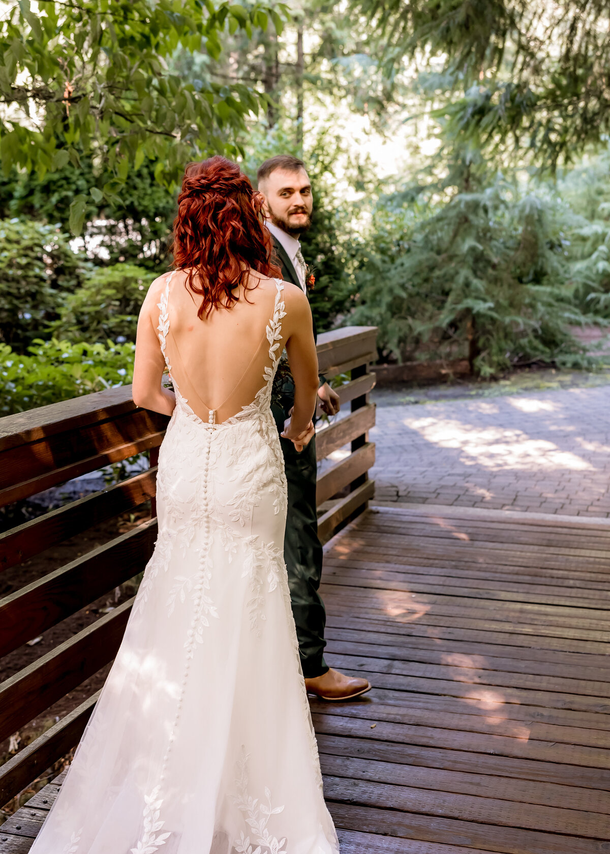 First look with bride and groom at the Abernethy Center