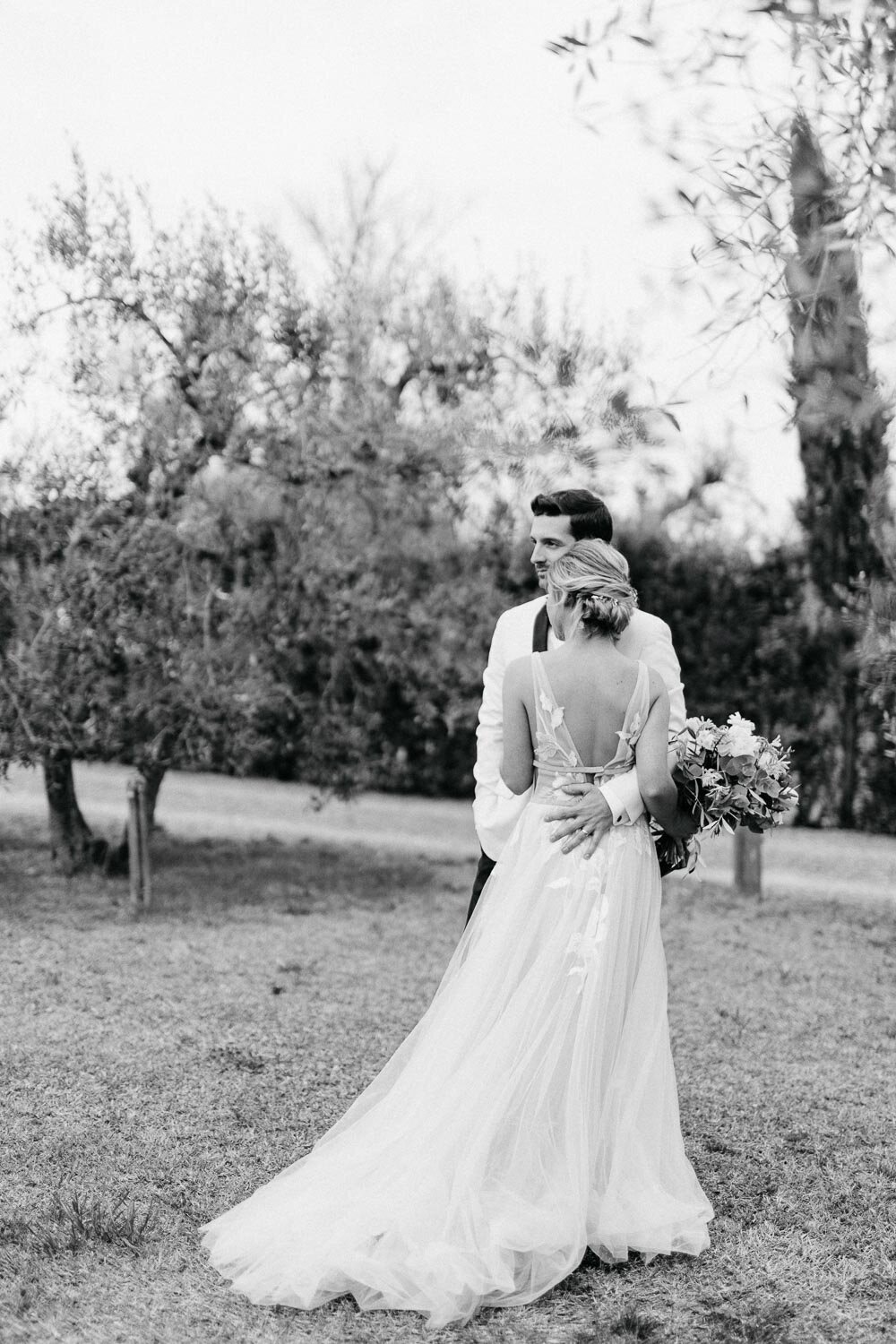Black and White bride and groom portrait in Tuscany