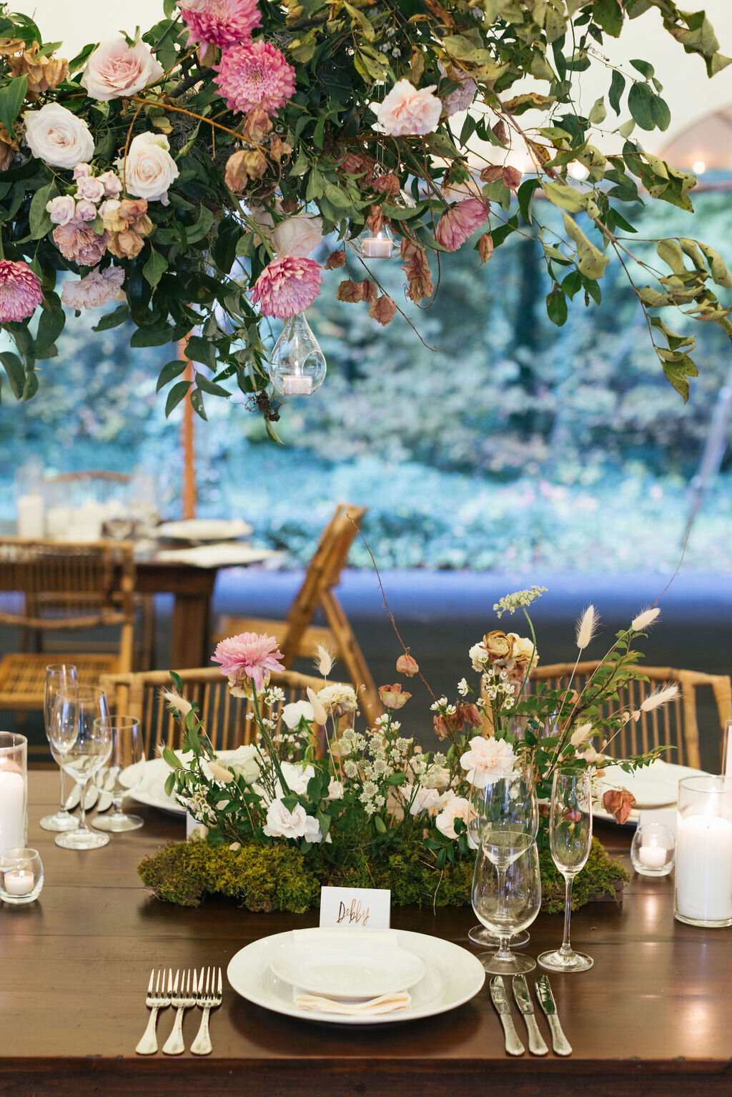 Romantic autumn floral centerpiece with candles, garden roses and lush natural greenery. Wedding floral design at RT Lodge by Rosemary and Finch in Nashville, TN.