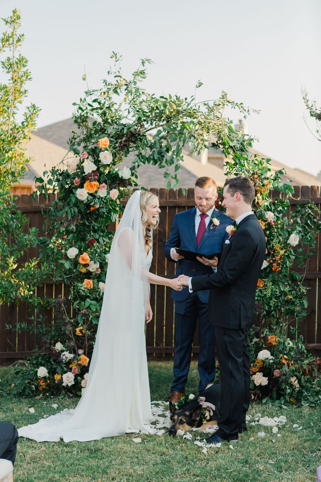 Backyard Wedding Ceremony  in Fort Worth with Floral Arch by Vella Nest Floral Design
