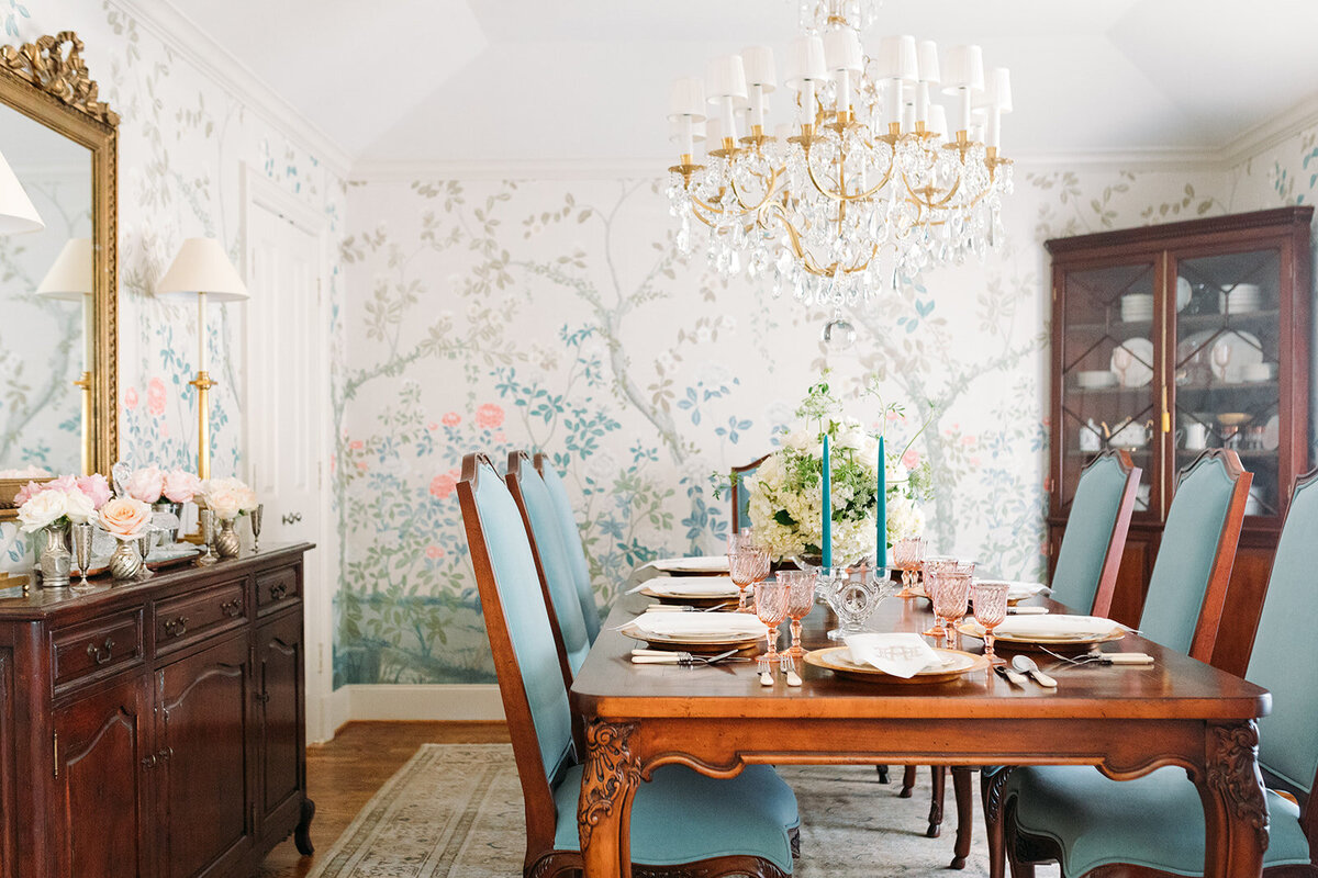 Formal Dining Room with Floral Wallpaper
