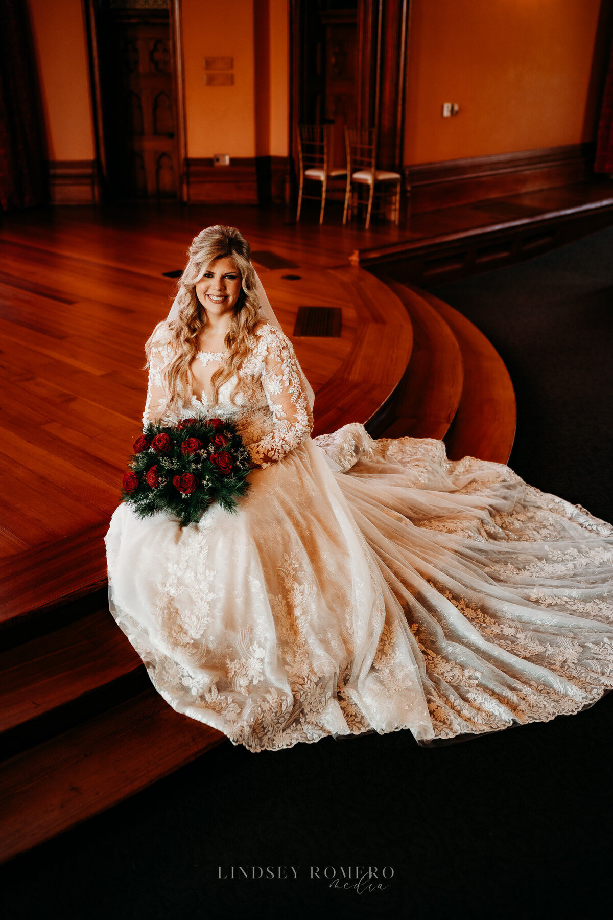 bride in winter bridal dress at old state capitol in baton rouge, la