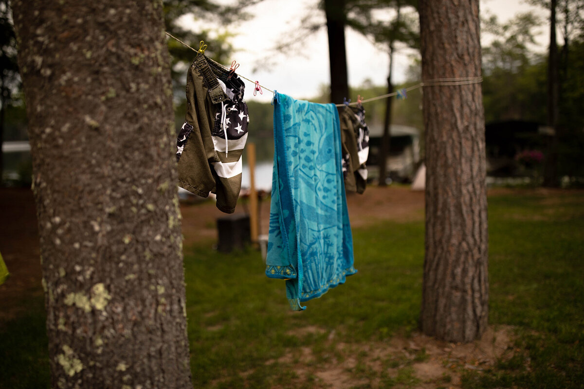 swim trunks hanging on the line