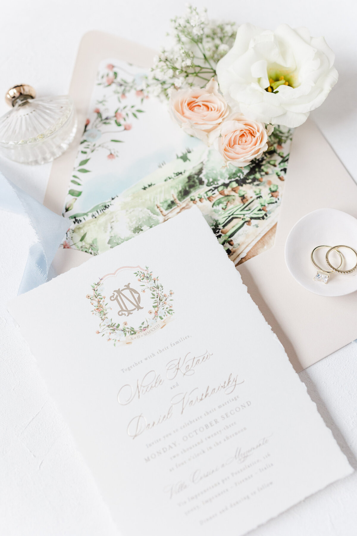 flat lay of elegant wedding stationery