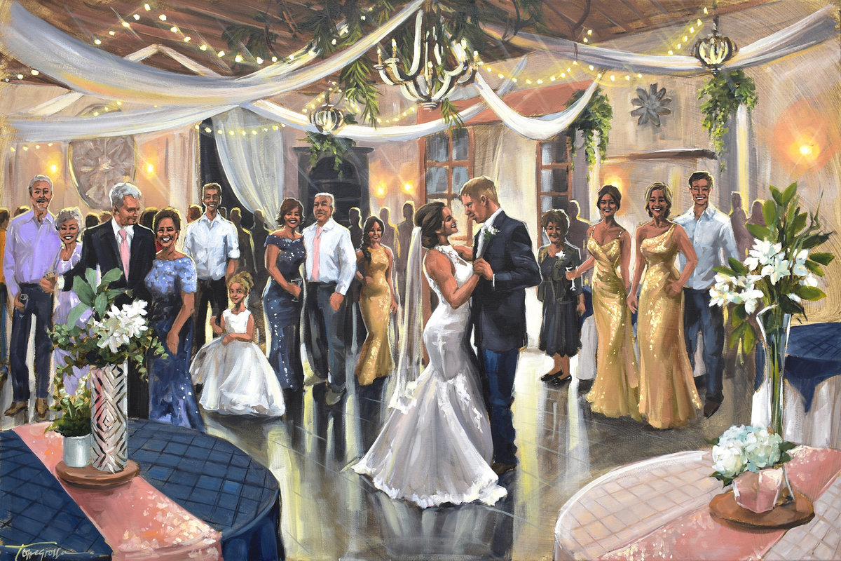 Live Wedding Painting, Couple walks down aisle of wedding at Gabriels House