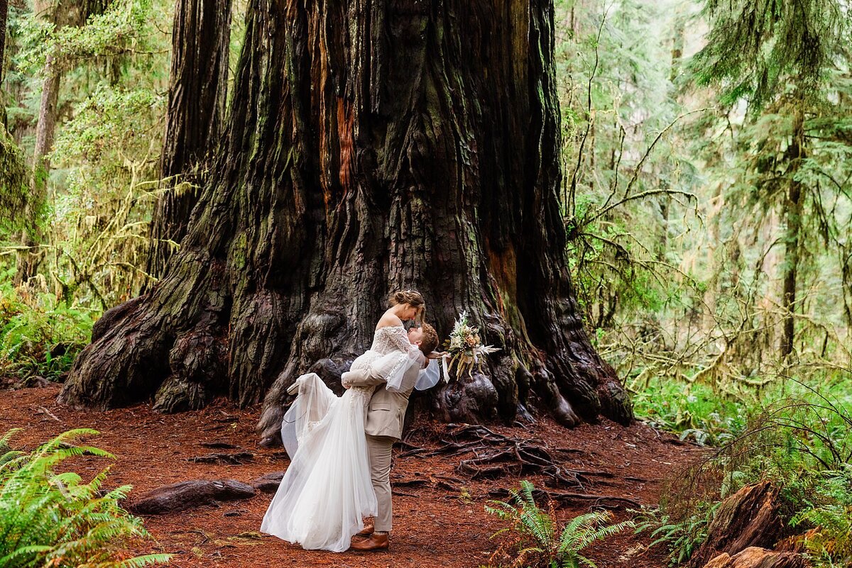 The groom lifts up the bride in front of a giant Redwood Tree.
