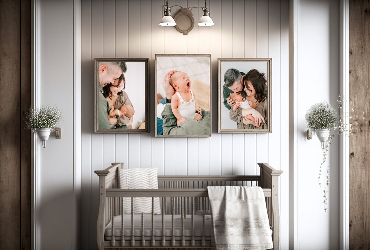 framed photo collage of newborn above crib captured by Springfield MO newborn photographer The XO Photography
