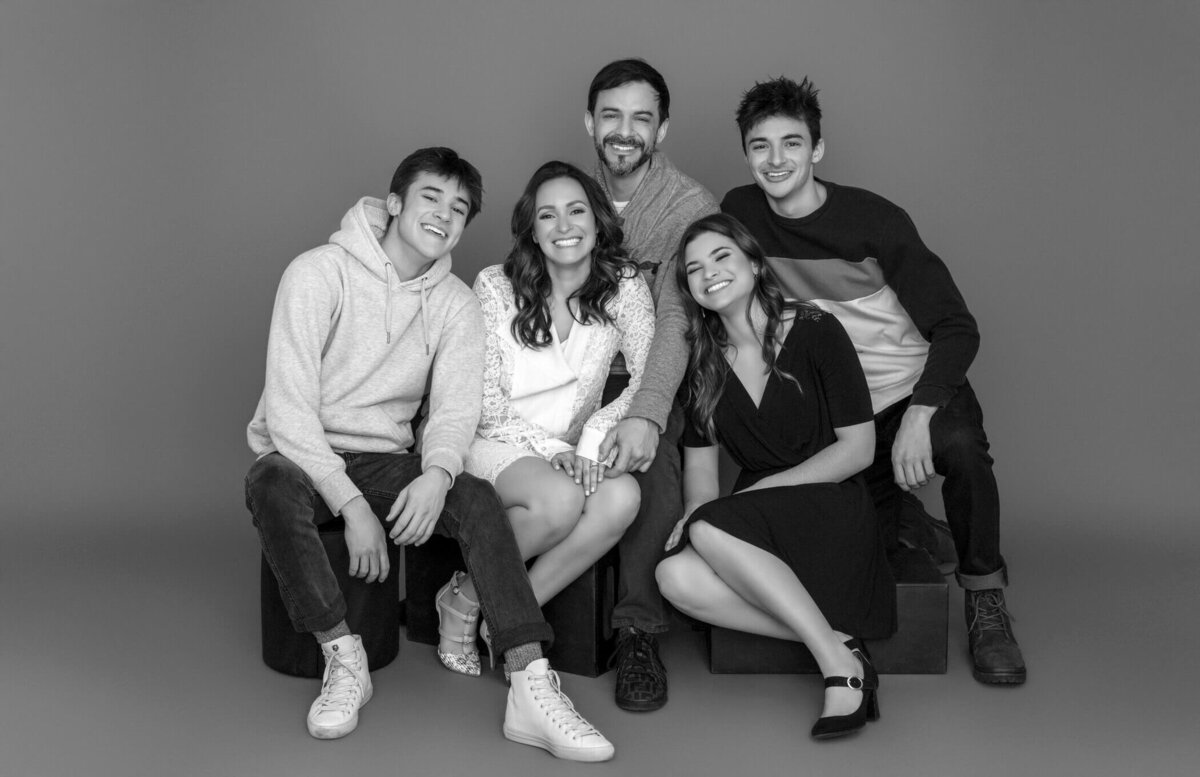 Candid family moment in black and white.
