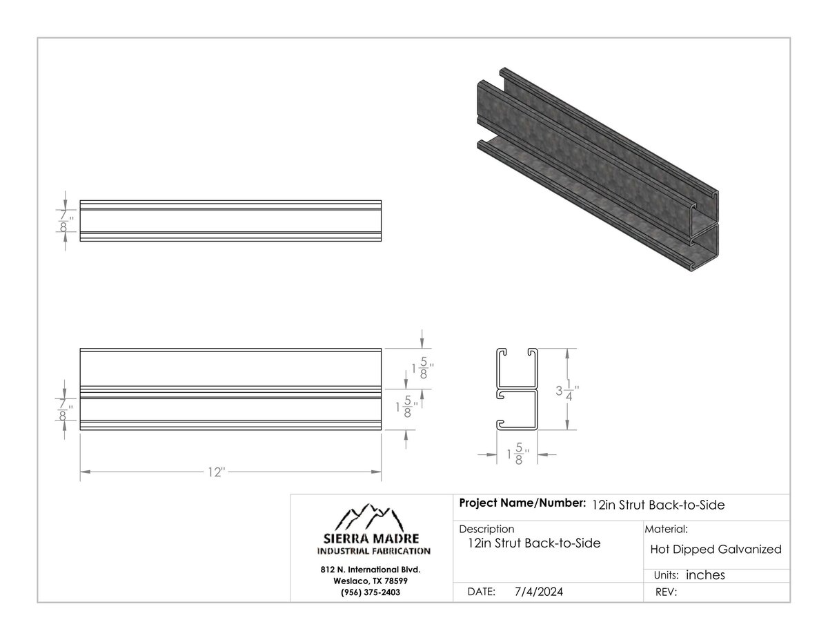 back-to-side unistrut 12in set-alone