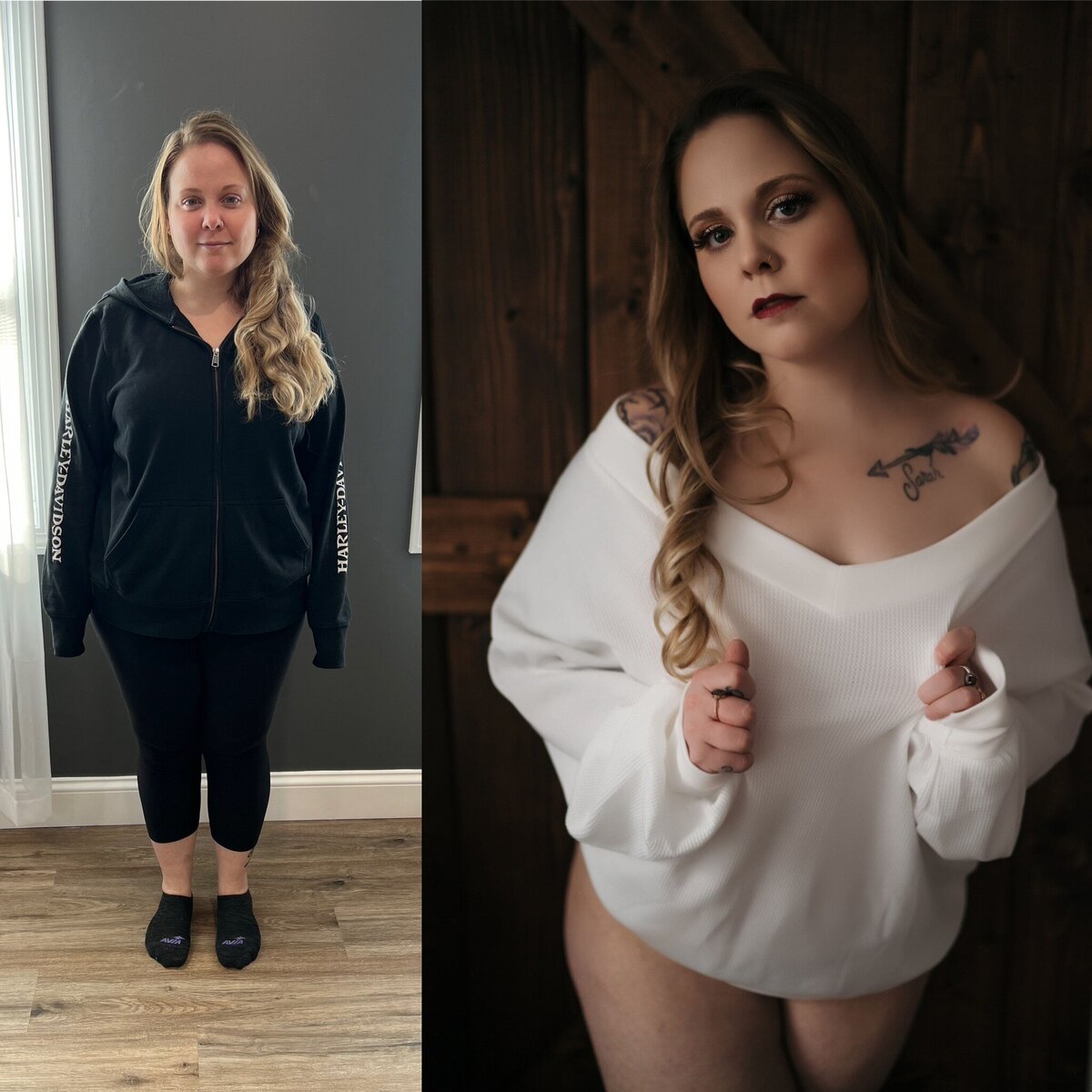 A woman in a black hoodie stands on a wall before her hair and makeup are done shown in the after photo next to it in a white sweater and no pants