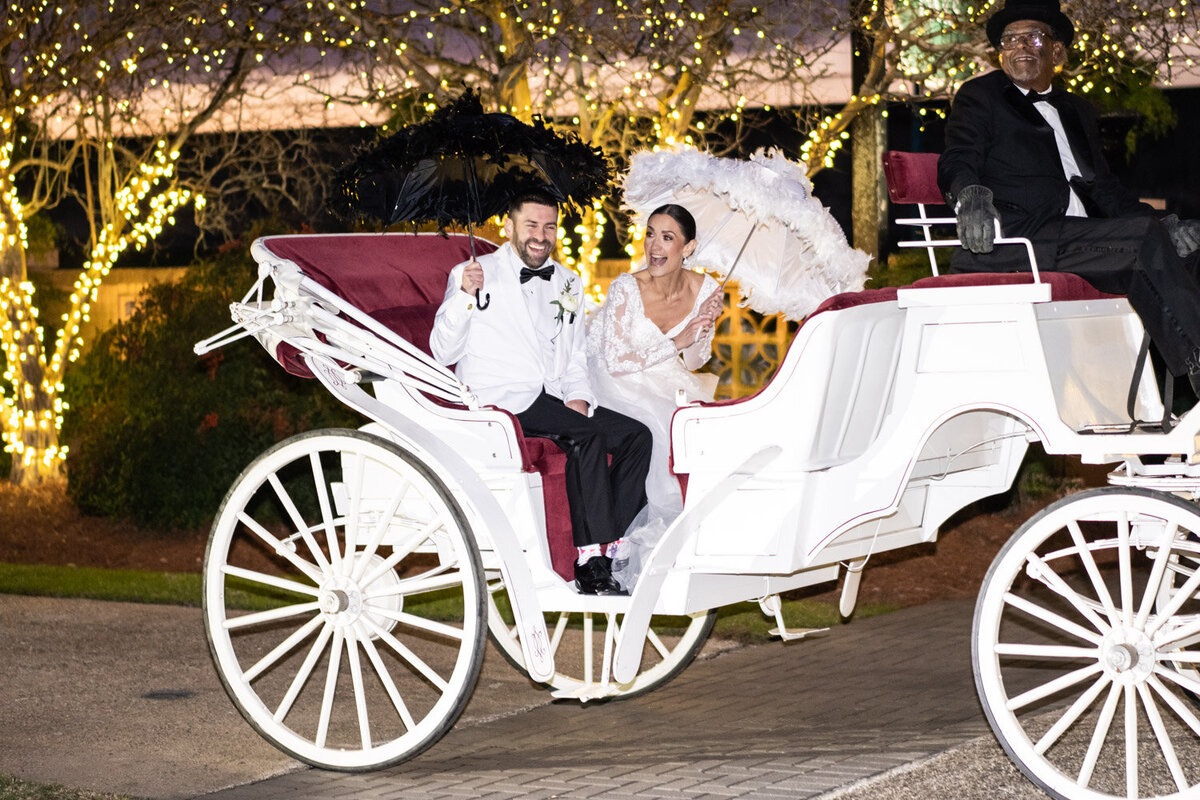 Bride and groom in horse-drawn carriage at Southern Oaks