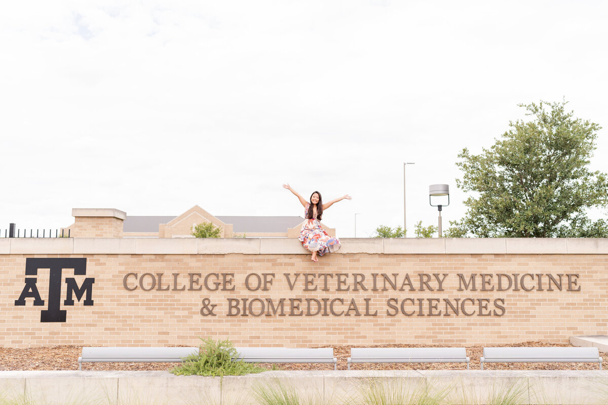 Texas A&M Senior girl sitting on top of the Vet Building sign and celebrating with hands up in a colorful maxi dress