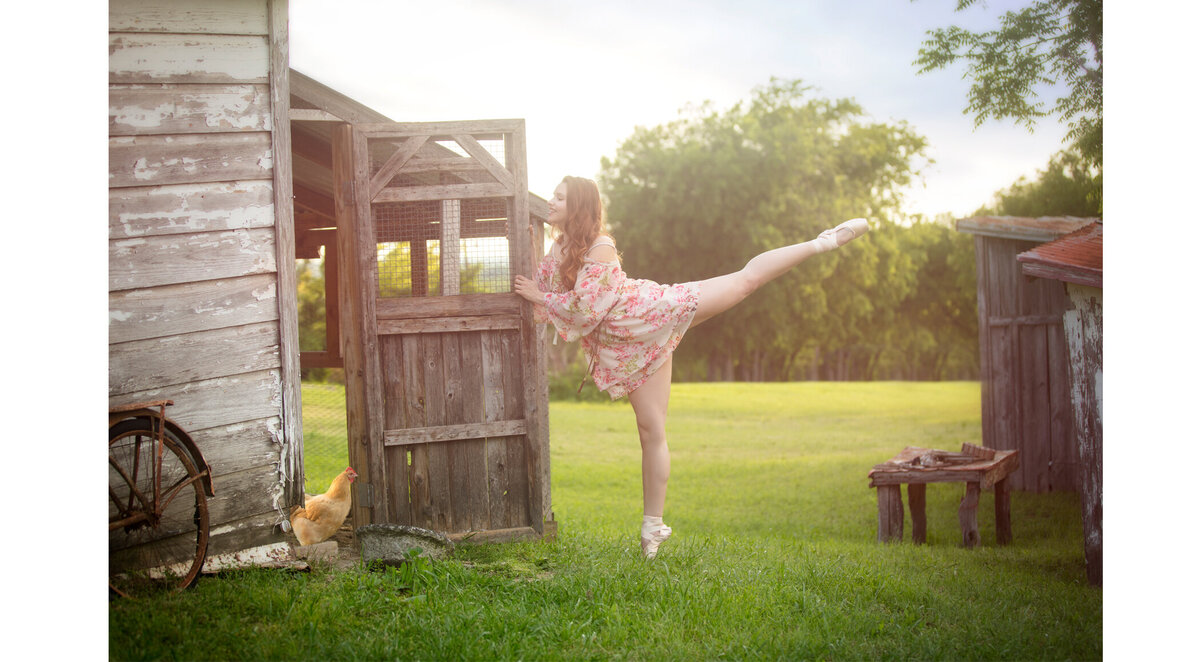 Senior girl at chicken farm in toe shoes