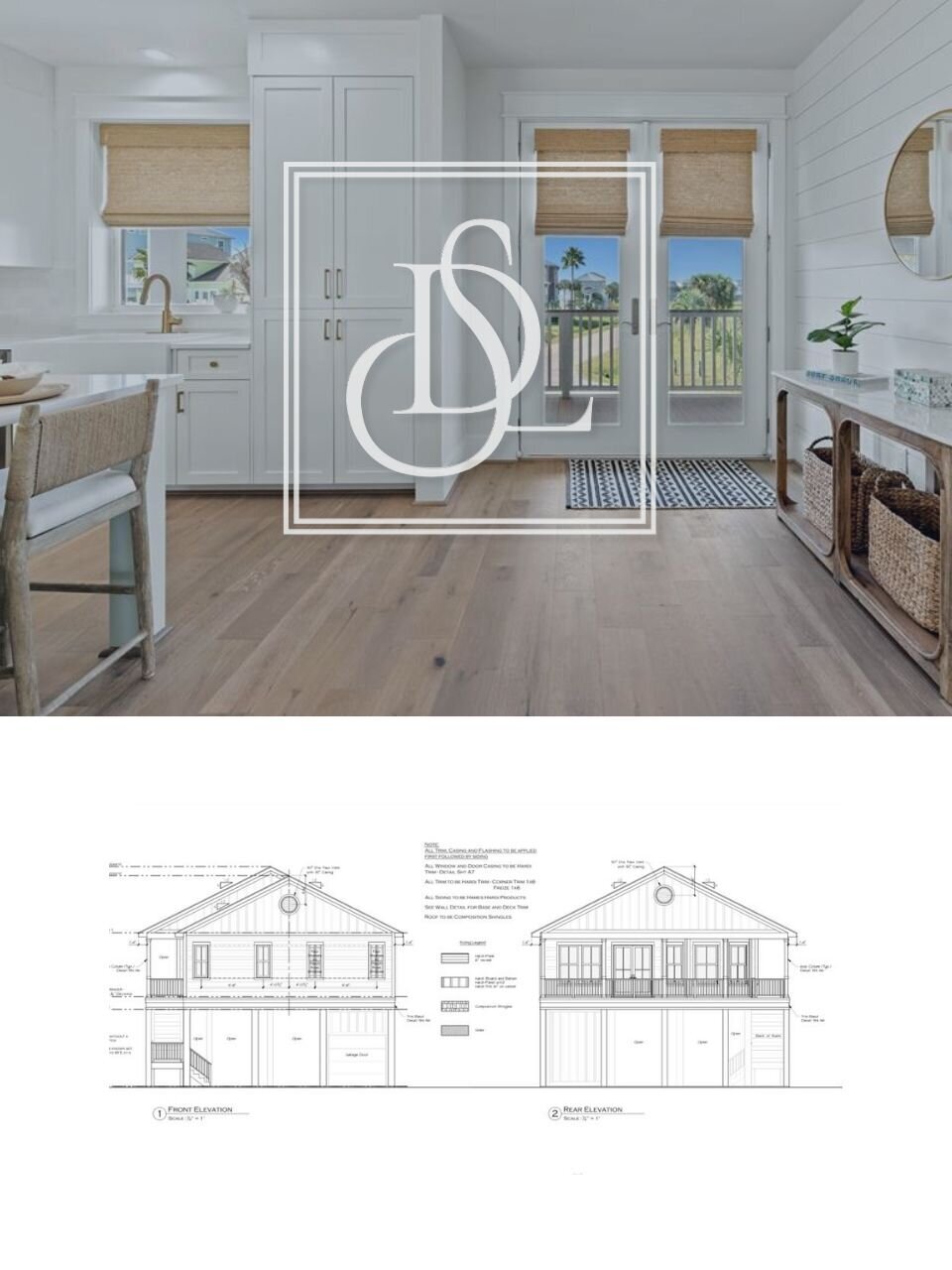 Elegant Dillard Signature Living monogram in white over a coastal kitchen with wood floors, white cabinetry, and views of palm trees.