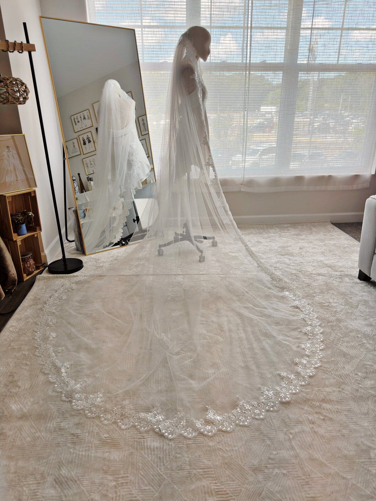 Handmade cathedral-length mantilla veil with ornate lace edge