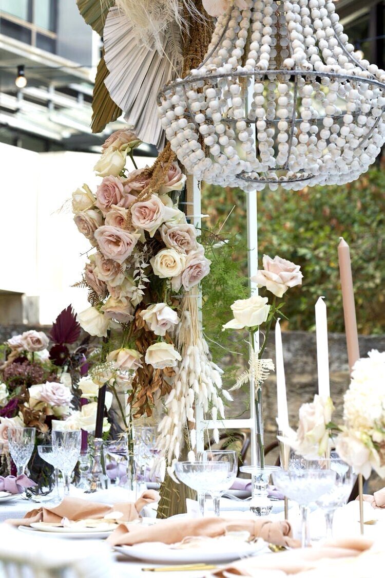 chandelier+beaded+wedding+expo+Moho+wedding+modern+boho+candle+holders+gold+white+nude+florals+wedding+style