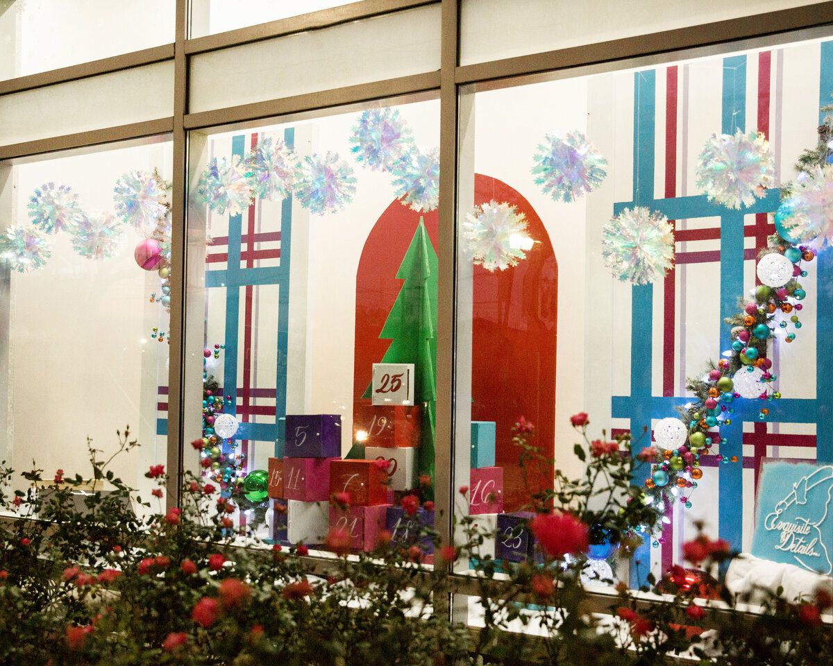 Festive holiday themeFestive window display backdrop design with boxes and Christmas tree
