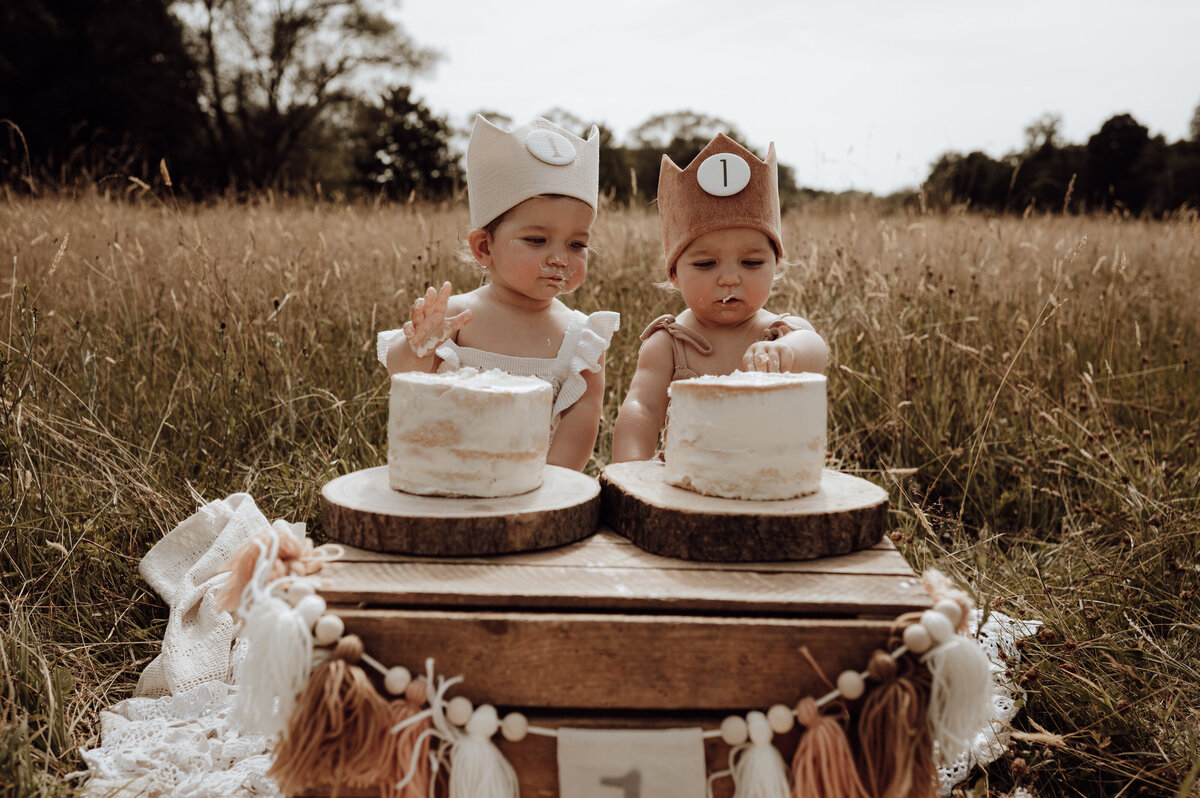 Cakesmash fotoshoot in grasveld met taart en slingers