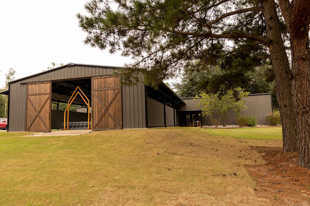 Outdoor and Indoor ceremony spaces at The Rosewood Venue in Mount Vernon, Texas.