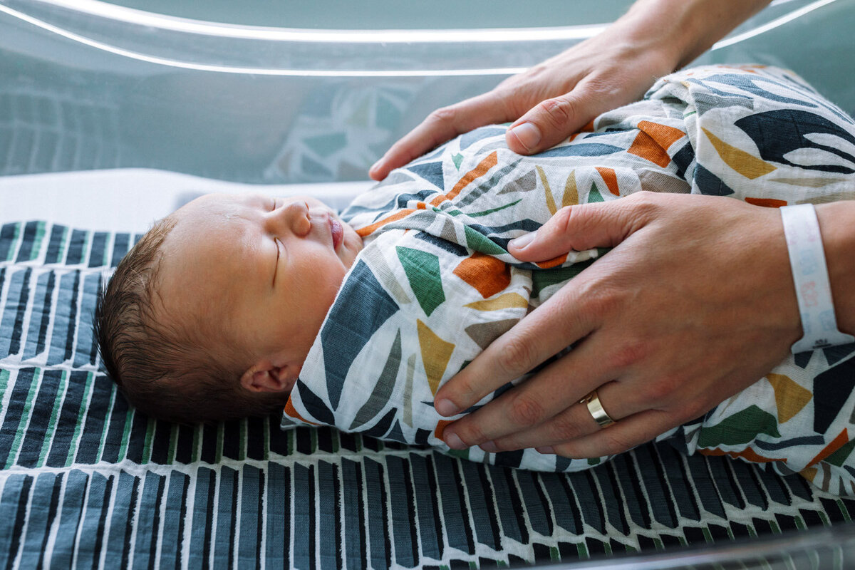 swaddled newborn laying in bassinet with complimentary blanket under and dad's hands on sides
