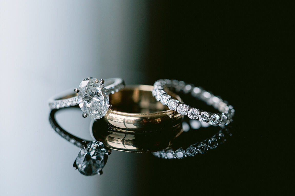 Close up of wedding rings and engagement ring at  Hotel Crescent Court, Dallas wedding