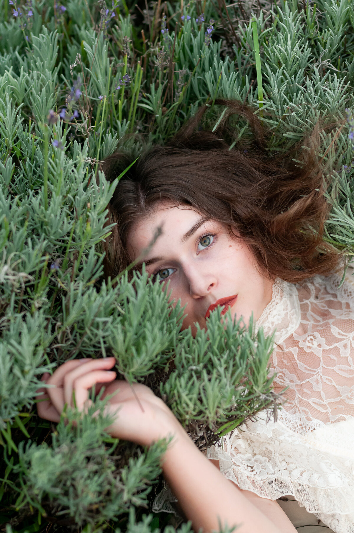 Bowling Green KY Photography: Portrait of a woman lying in a bed of lavendar.