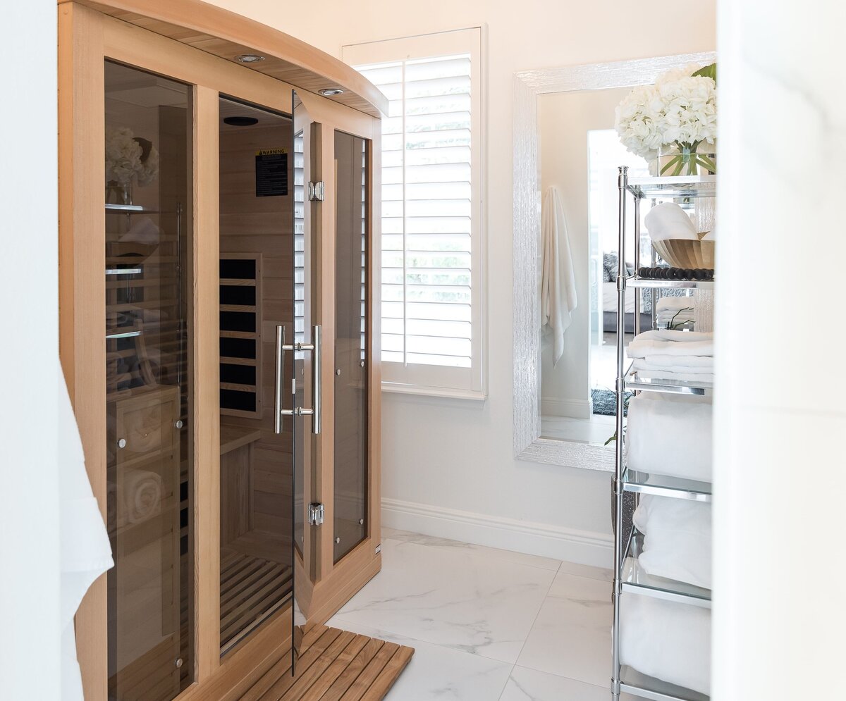 dewine design orlando interior designer modern lakehouse wood sauna and marble bathroom tile