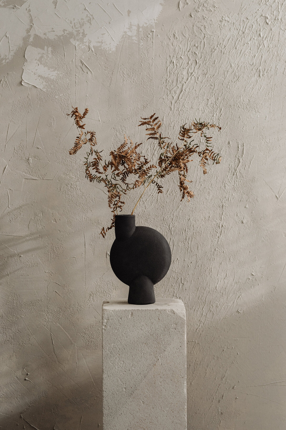 Vase with leafy stem on plaster pedestal