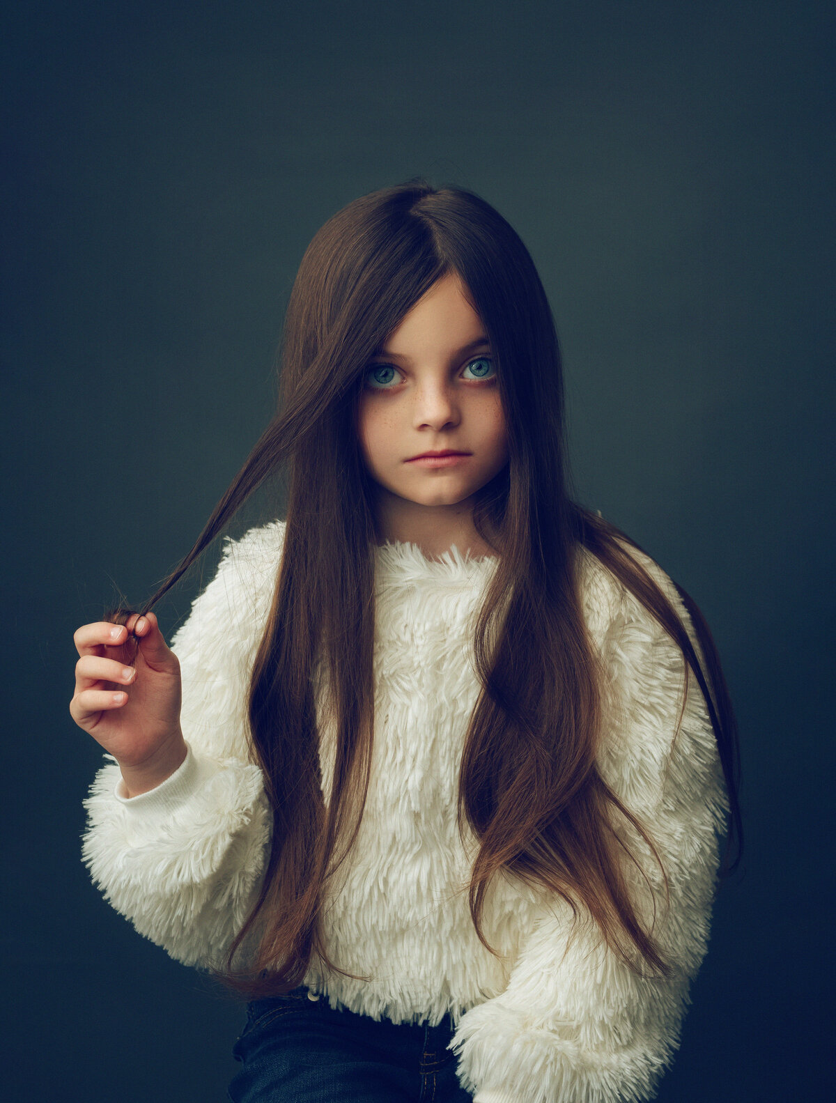 Portrait of a young girl, looking camera center and holding her hair between her fingers.