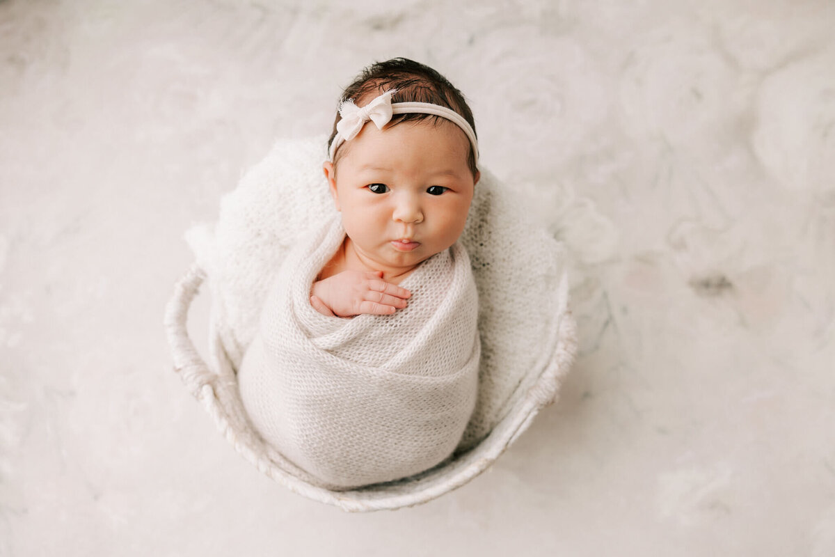 gorgeous newborn baby girl wrapped in white basket and looking at the camera