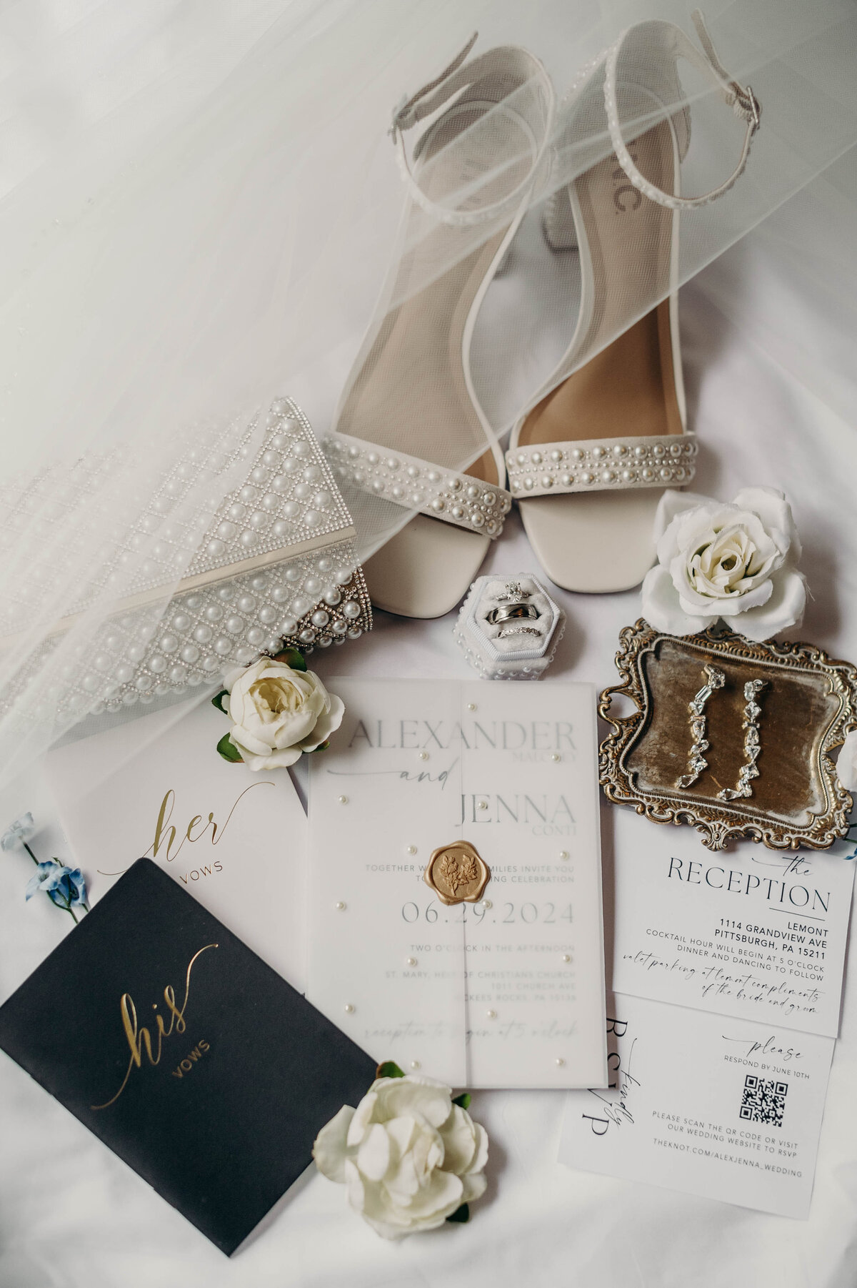 Close-up of wedding details, including the rings, bouquet, and other elegant touches that make the day special | Pittsburgh Wedding Photography