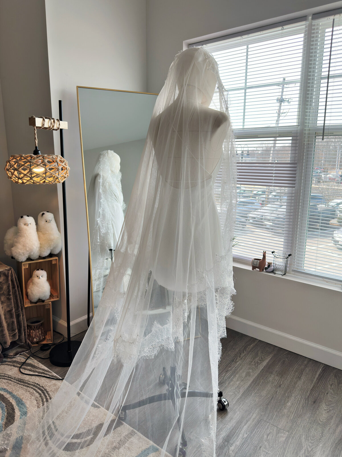 Bride’s face softly framed by floral lace blusher veil
