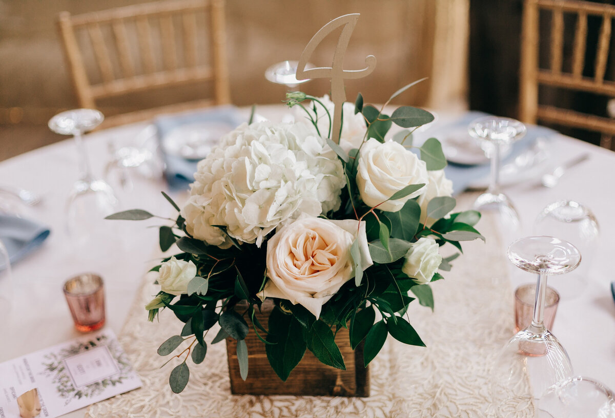 Elegant rose, hydrangea, and eucalyptus table numbers for elegant barn wedding