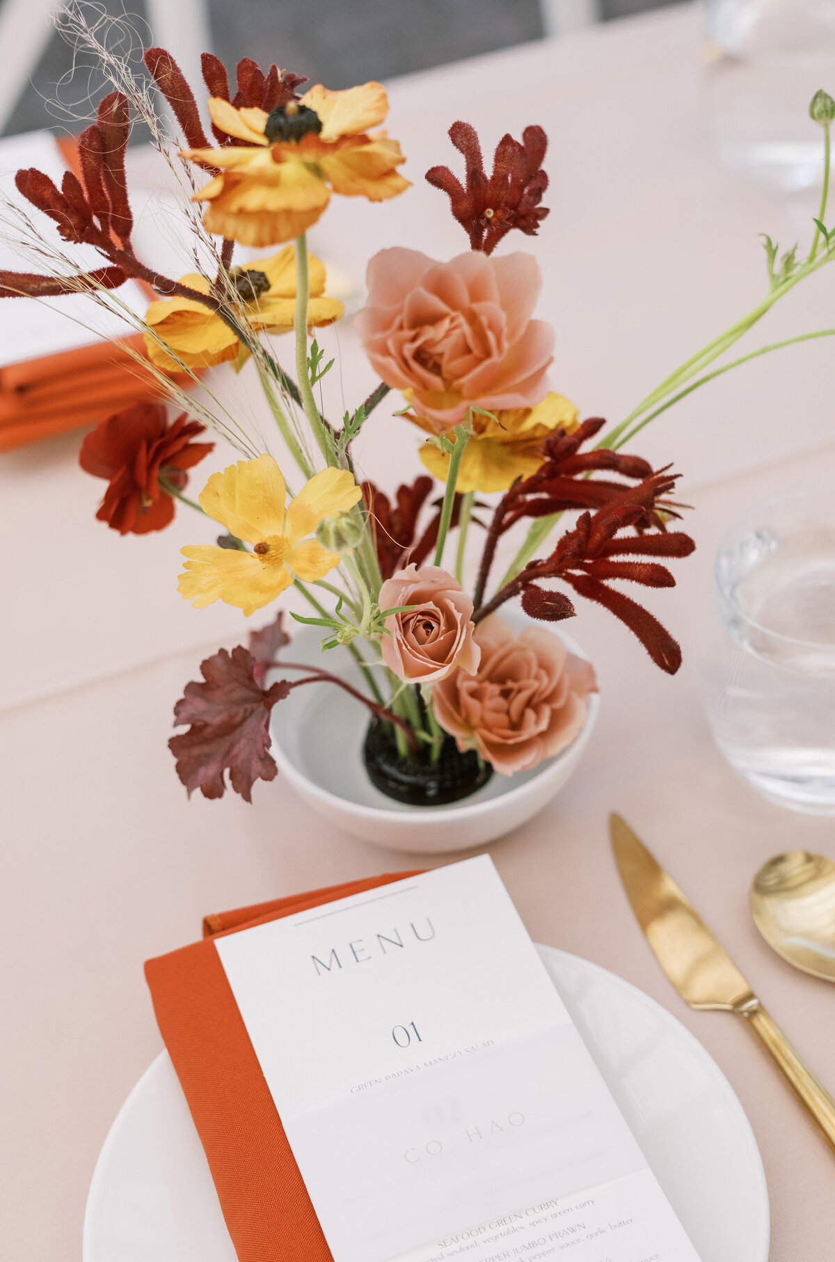 ikebana floral design for long tables at wedding reception