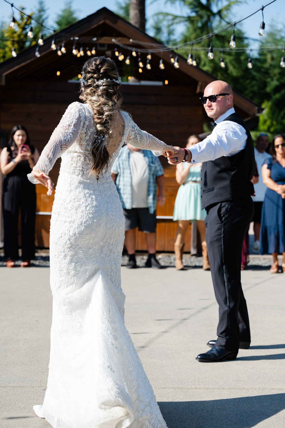 washington wedding first dance outdoor dance floor in sun