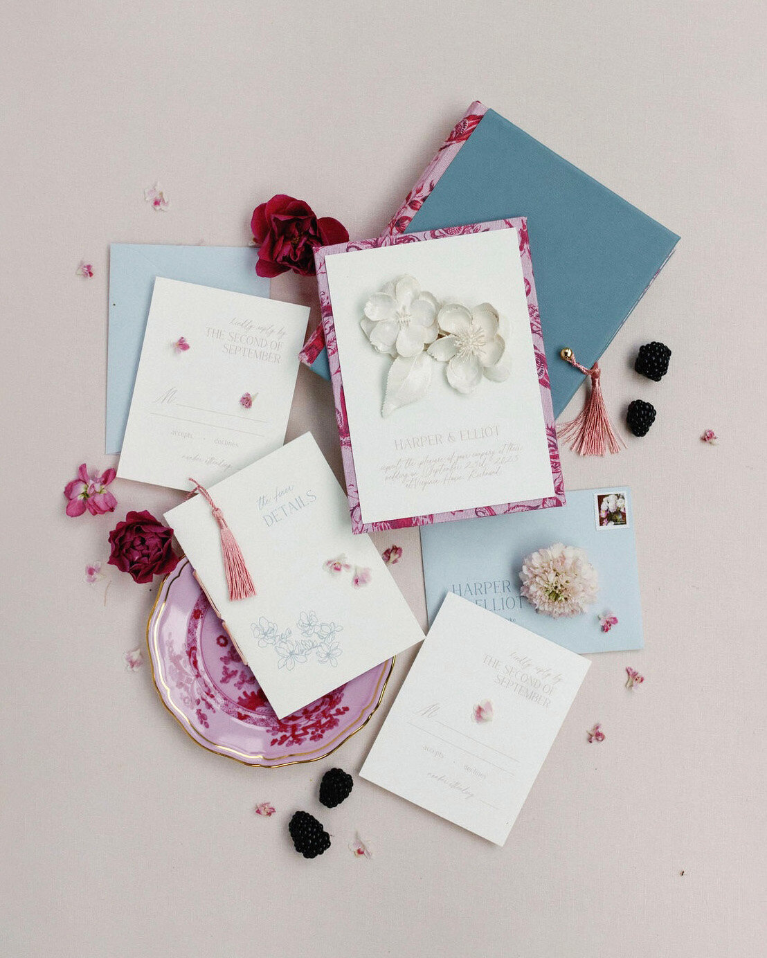 Dominique Alba Custom wedding stationery handmade boxed invitations blue and pink
