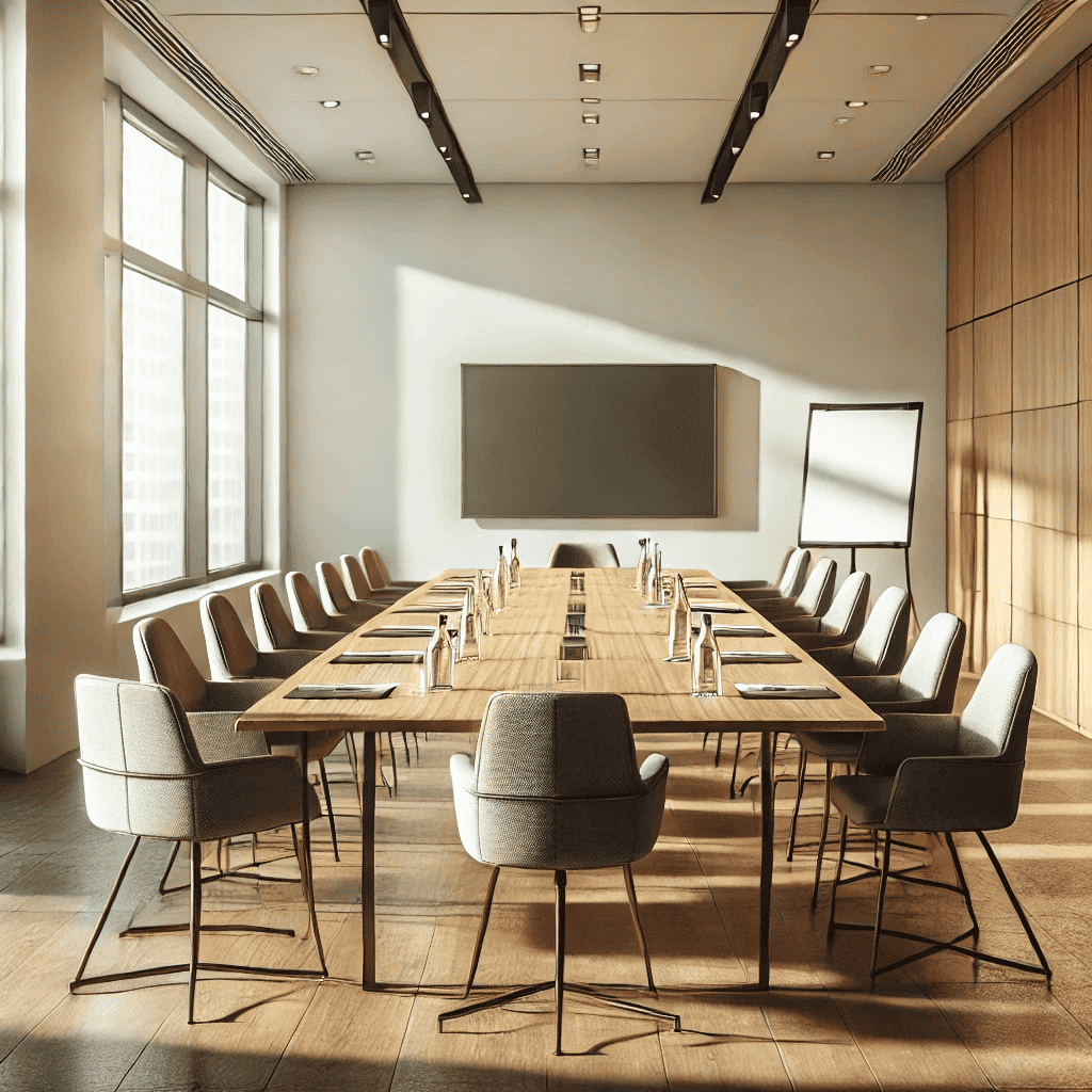 Background image of modern conference room prepped for a training
