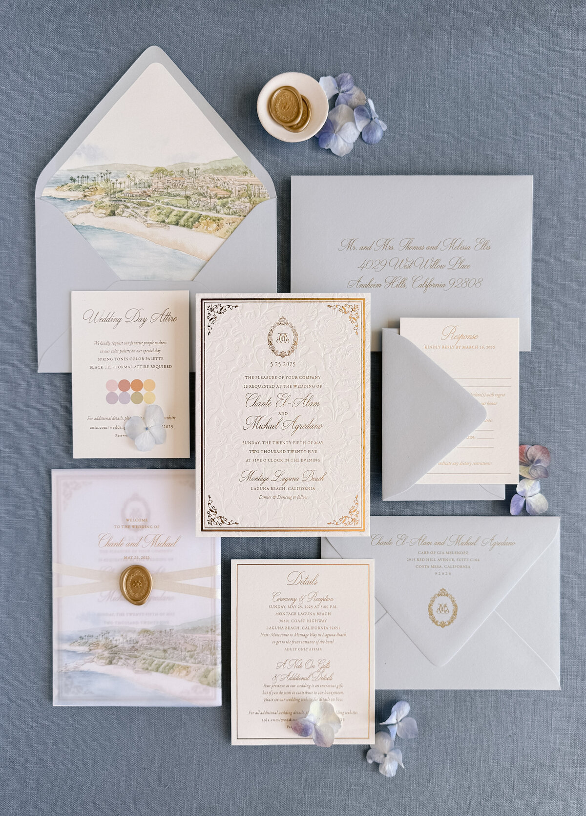 Custom wedding invitations at Montage Laguna Beach by Heidi Davidson Design