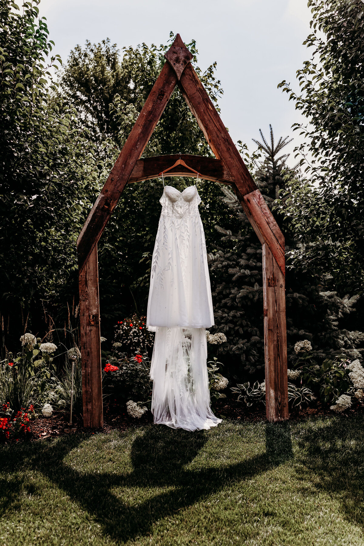 A wedding gown on display.