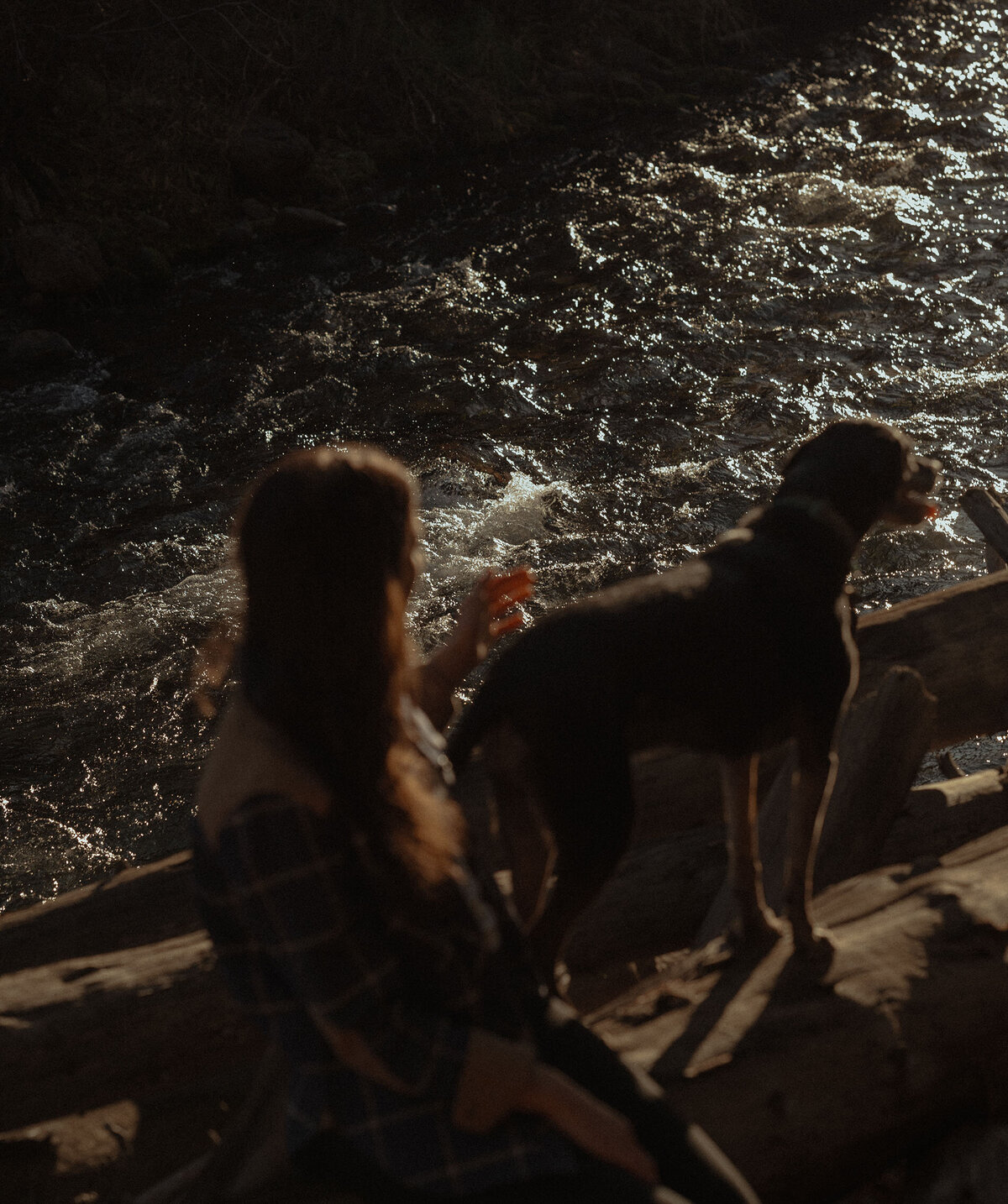 female entrepreneur sits next to the river with her dog during a brand photoshoot in Bend, Oregon